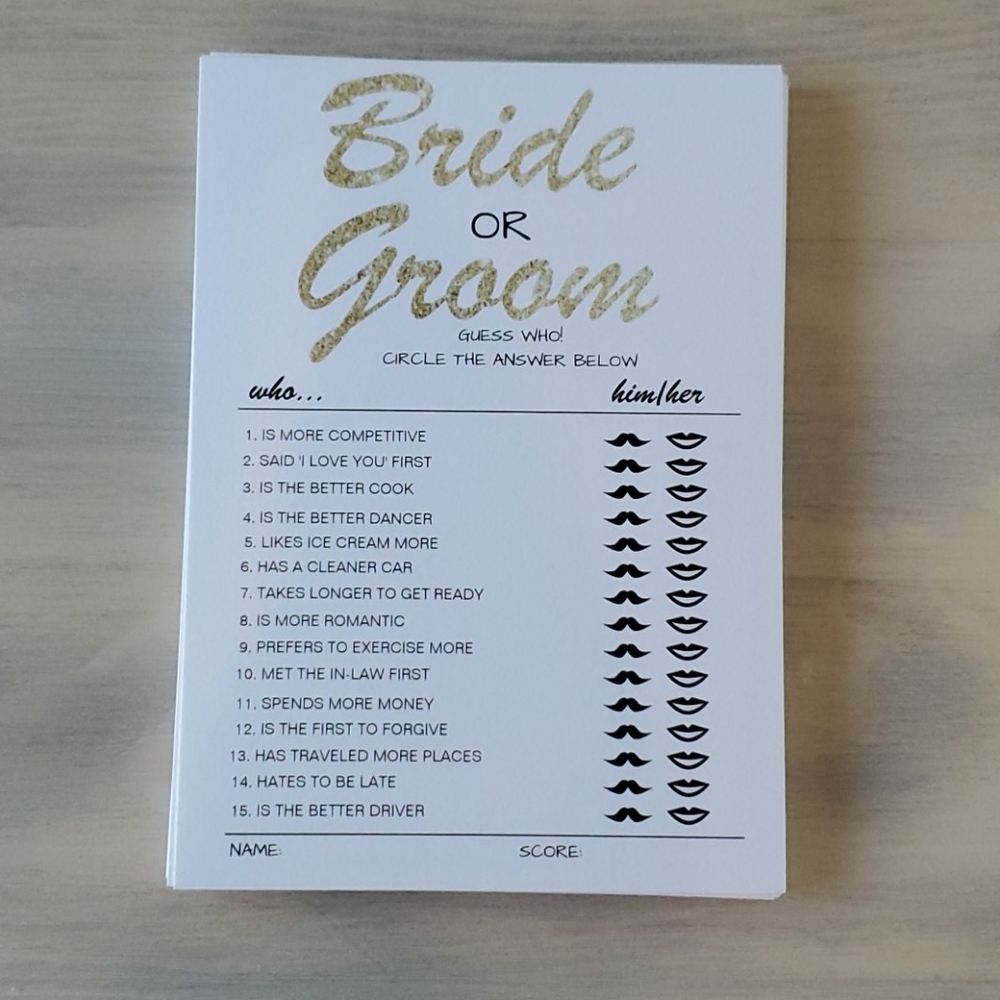 Bride or Groom Game for a Bridal Shower Set of 15